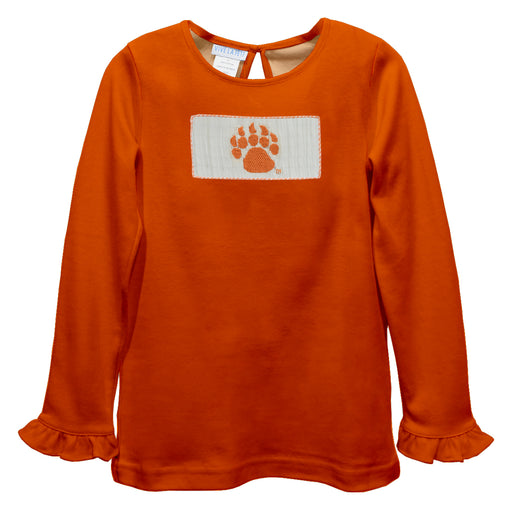 Mercer University Bears MU Smocked Orange  Knit Ruffle Long Sleeve Girls Tshirt