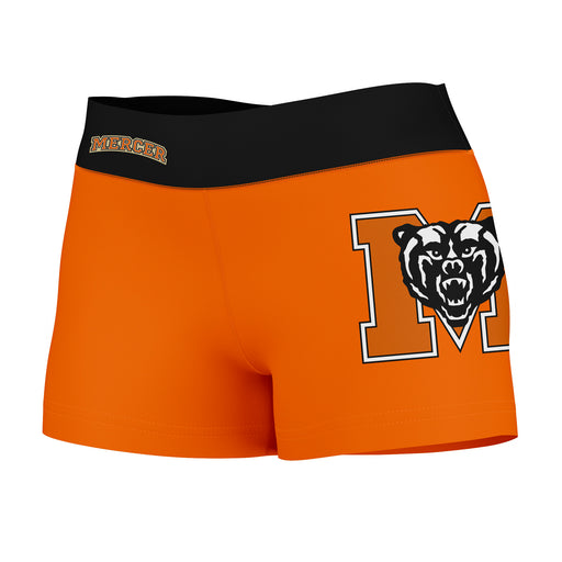 Mercer Bears Vive La Fete Logo on Thigh & Waistband Orange Black Women Yoga Booty Workout Shorts 3.75 Inseam
