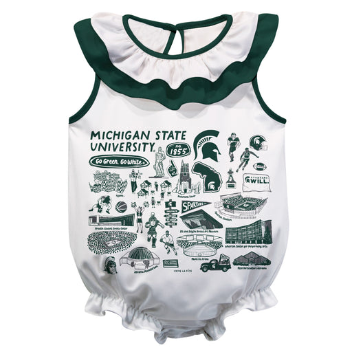 Michigan State Spartans  White Hand Sketched Vive La Fete Impressions Artwork Sleeveless Ruffle Onesie Bodysuit