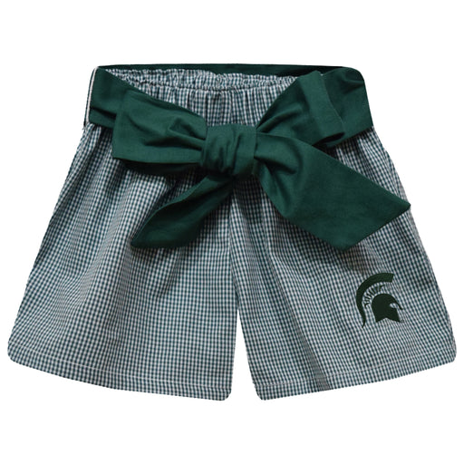 Michigan State Spartans Embroidered Hunter Green Gingham Girls Short with Sash