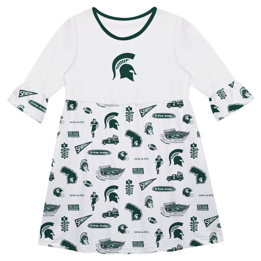 Michigan State Spartans 3/4 Sleeve Solid White Repeat Print Hand Sketched Vive La Fete Impressions Artwork on Skirt