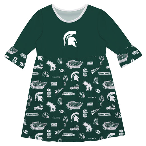 Michigan State Spartans 3/4 Sleeve Solid Green Repeat Print Hand Sketched Vive La Fete Impressions Artwork on Skirt