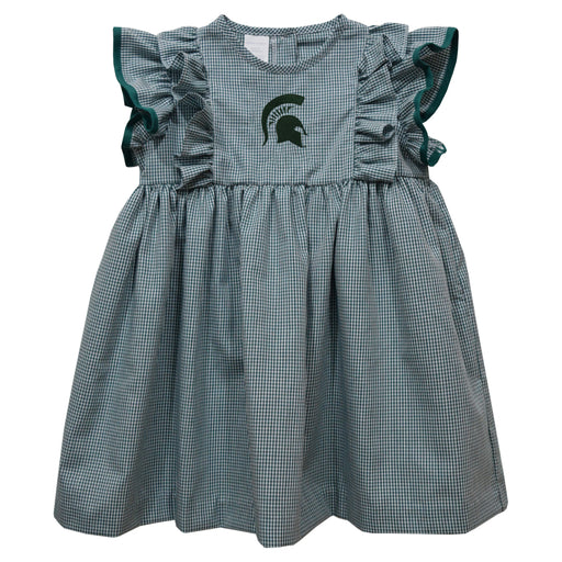 Michigan State Spartans Embroidered Hunter Green Gingham Ruffle Dress
