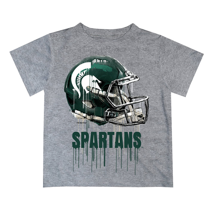 Michigan State Spartans Original Dripping Football Helmet Gray T-Shirt by Vive La Fete