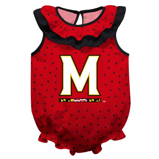 University of Maryland Terrapins Swirls Red Sleeveless Ruffle Onesie Logo Bodysuit