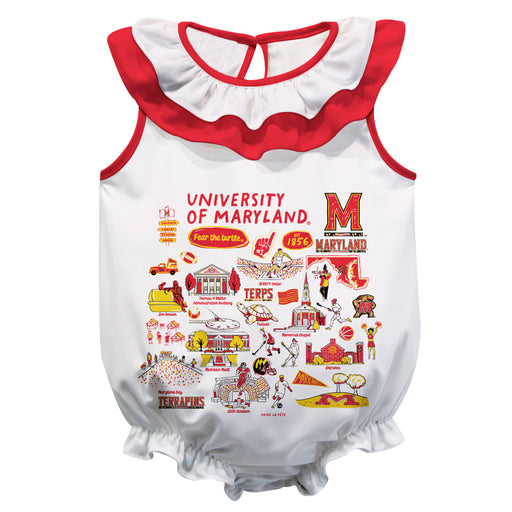 University of Maryland Terrapins  White Hand Sketched Vive La Fete Impressions Artwork Sleeveless Ruffle Onesie Bodysuit