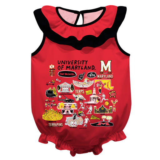 University of Maryland Terrapins  Red Hand Sketched Vive La Fete Impressions Artwork Sleeveless Ruffle Onesie Bodysuit