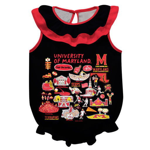 University of Maryland Terrapins  Black Hand Sketched Vive La Fete Impressions Artwork Sleeveless Ruffle Onesie Bodysuit