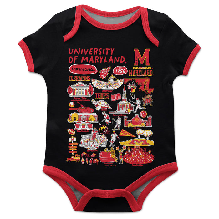 University of Maryland Terrapins Hand Sketched Vive La Fete Impressions Artwork Infant Black Short Sleeve Onesie Bodysui