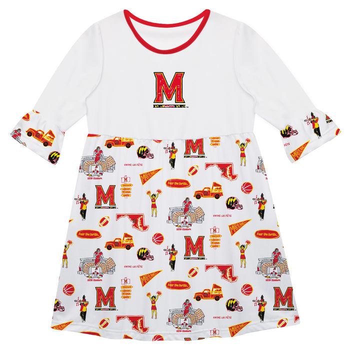 University of Maryland Terrapins 3/4 Sleeve Solid White Repeat Print Hand Sketched Vive La Fete Impressions Artwork on S