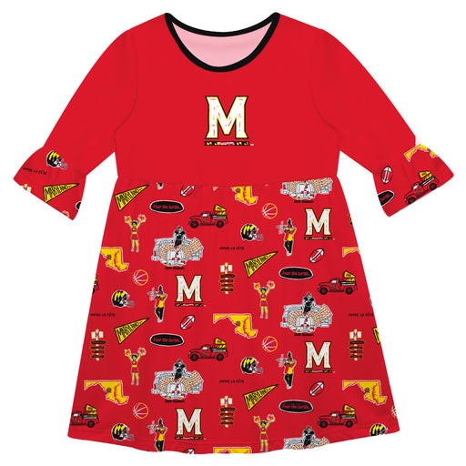 Maryland Terrapins 3/4 Sleeve Solid Red Repeat Print Hand Sketched Vive La Fete Impressions Artwork on Skirt
