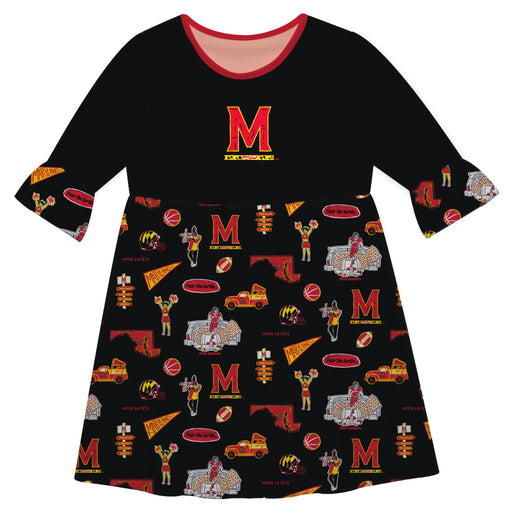 Maryland Terrapins 3/4 Sleeve Solid Black Repeat Print Hand Sketched Vive La Fete Impressions Artwork on Skirt