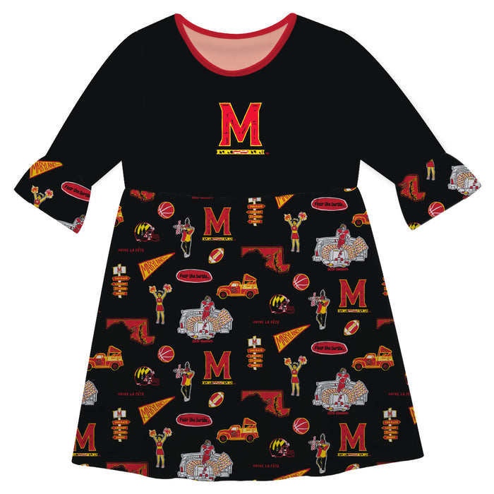 Maryland Terrapins 3/4 Sleeve Solid Black Repeat Print Hand Sketched Vive La Fete Impressions Artwork on Skirt