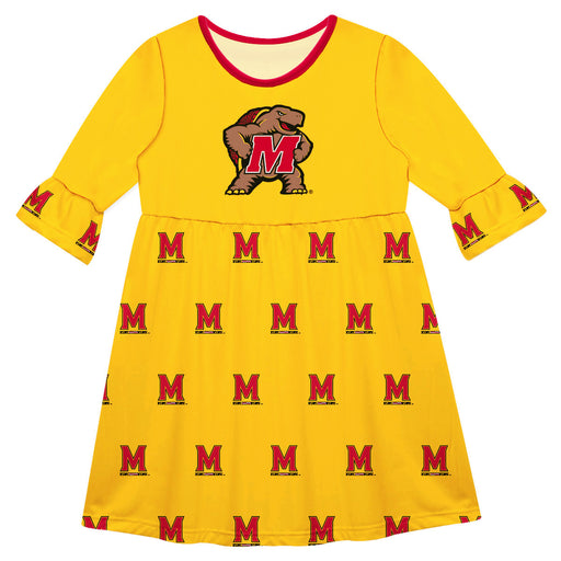 Maryland Terrapins Vive La Fete Girls Game Day 3/4 Sleeve Solid Yellow All Over Logo on Skirt