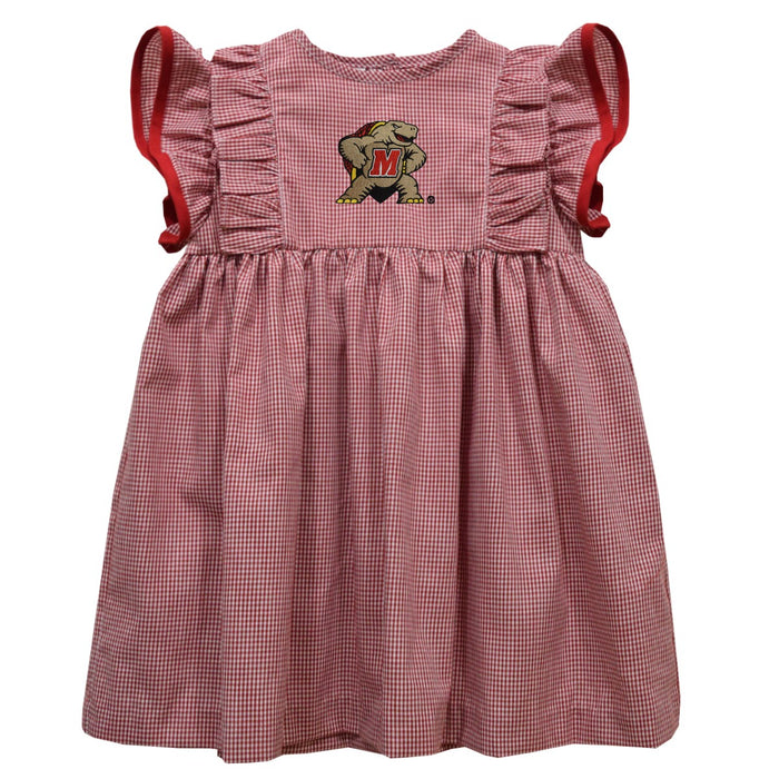 University of Maryland Terrapins Embroidered Red Ginhham Ruffle Dress