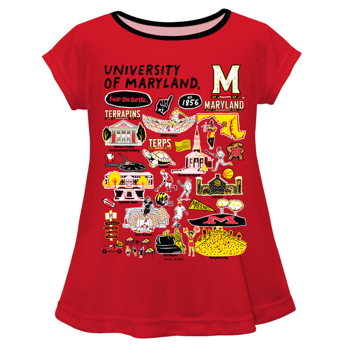 University of Maryland Terrapins Hand Sketched Vive La Fete Impressions Artwork Red Short Sleeve Top