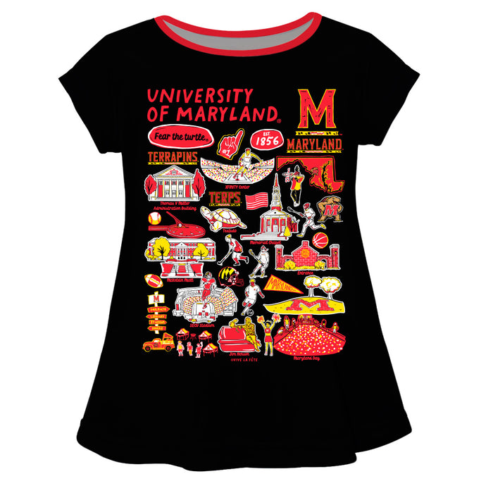 University of Maryland Terrapins Hand Sketched Vive La Fete Impressions Artwork Black Short Sleeve Top