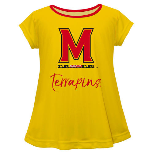 Maryland Terrapins Vive La Fete Girls Game Day Short Sleeve Yellow Top with School Logo and Name
