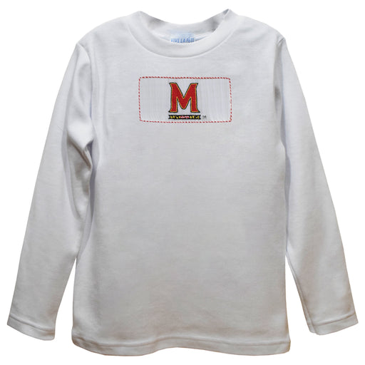 University of Maryland Terrapins Smocked White Knit Boys Long Sleeve Tee Shirt