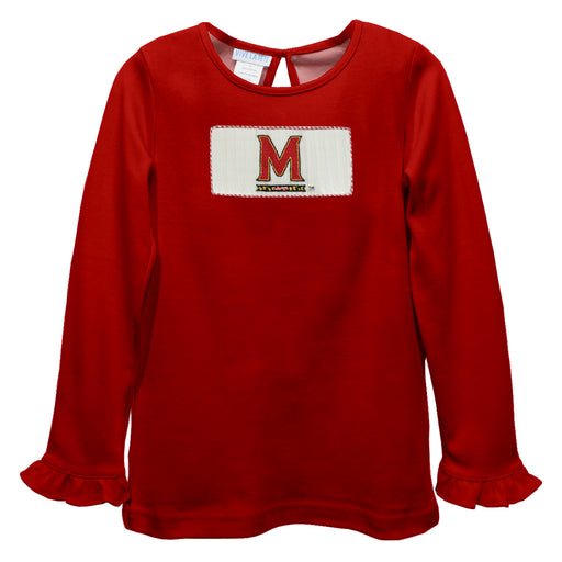 University of Maryland Terrapins Smocked Red Knit Ruffle Long Sleeve Girls Tshirt