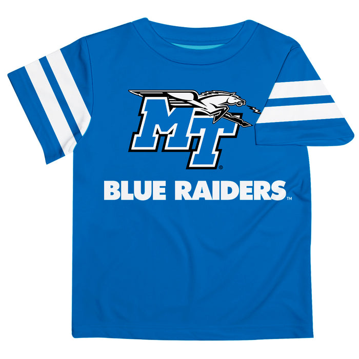 Middle Tennessee Blue Raiders Vive La Fete Boys Game Day Blue Short Sleeve Tee with Stripes on Sleeves