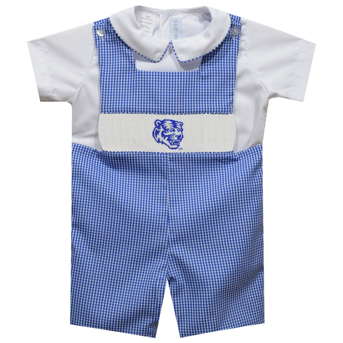 Memphis Tigers  Smocked Royal  Gingham Jon Jon And Short Sleeve White Shirt