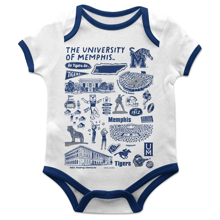 Memphis Tigers Hand Sketched Vive La Fete Impressions Artwork Infant White Short Sleeve Onesie Bodysuit