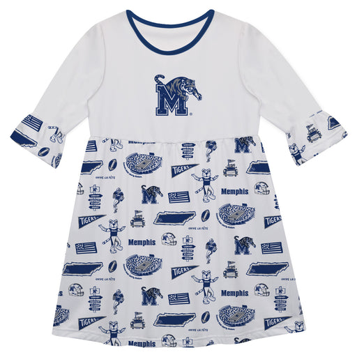Memphis Tigers 3/4 Sleeve Solid White Repeat Print Hand Sketched Vive La Fete Impressions Artwork on Skirt