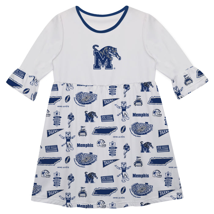 Memphis Tigers 3/4 Sleeve Solid White Repeat Print Hand Sketched Vive La Fete Impressions Artwork on Skirt