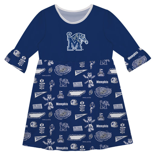 Memphis Tigers 3/4 Sleeve Solid Blue Repeat Print Hand Sketched Vive La Fete Impressions Artwork on Skirt