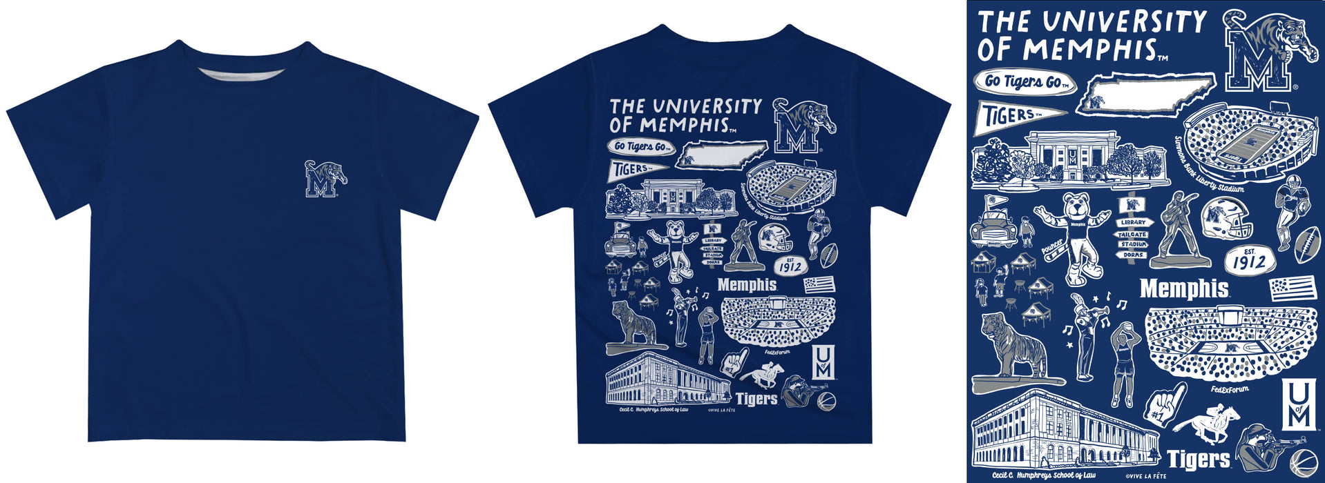 Memphis Tigers Hand Sketched Vive La Fete Impressions Artwork Boys Blue Short Sleeve Tee Shirt - Vive La Fête - Online Apparel Store