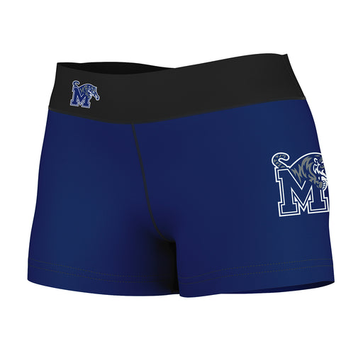 Memphis Tigers Vive La Fete Logo on Thigh & Waistband Blue Black Women Yoga Booty Workout Shorts 3.75 Inseam