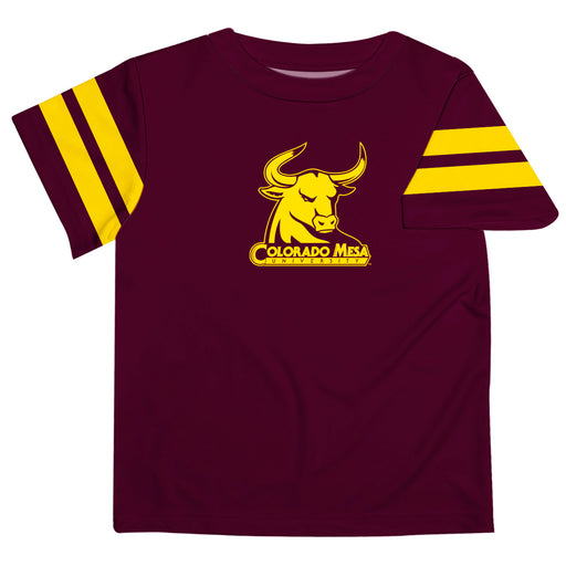 Colorado Mesa University Mavericks CMU Vive La Fete Boys Game Day Maroon Short Sleeve Tee with Stripes on Sleeves