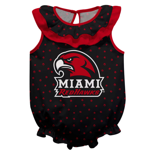 Miami Ohio RedHawks Swirls Black Sleeveless Ruffle Onesie Logo Bodysuit
