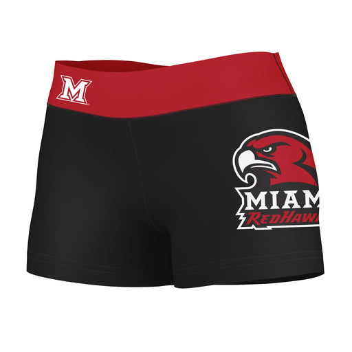 Miami Ohio RedHawks Vive La Fete Logo on Thigh and Waistband Black and Red Women Yoga Booty Workout Shorts 3.75 Inseam"
