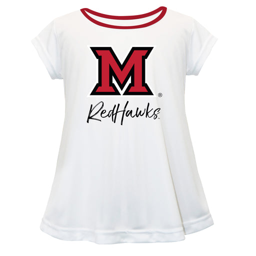 Miami Ohio RedHawks Vive La Fete Girls Game Day Short Sleeve White Top with School Logo and Name