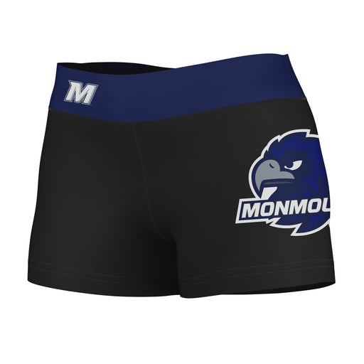 Monmouth Hawks Vive La Fete Game Day Logo on Thigh & Waistband Black & Navy Women Booty Workout Shorts 3.75 Inseam"