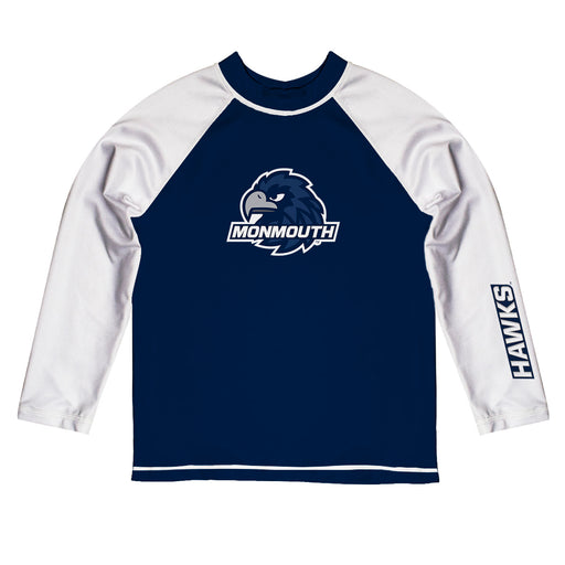 Monmouth Hawks Vive La Fete Logo Blue White Long Sleeve Raglan Rashguard