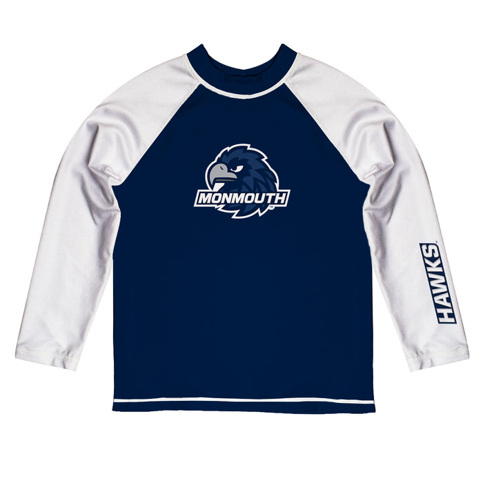 Monmouth Hawks Vive La Fete Logo Blue White Long Sleeve Raglan Rashguard