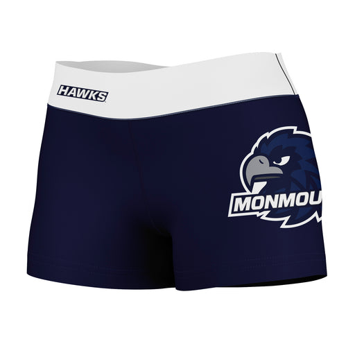 Monmouth Hawks Vive La Fete Logo on Thigh & Waistband Blue White Women Yoga Booty Workout Shorts 3.75 Inseam