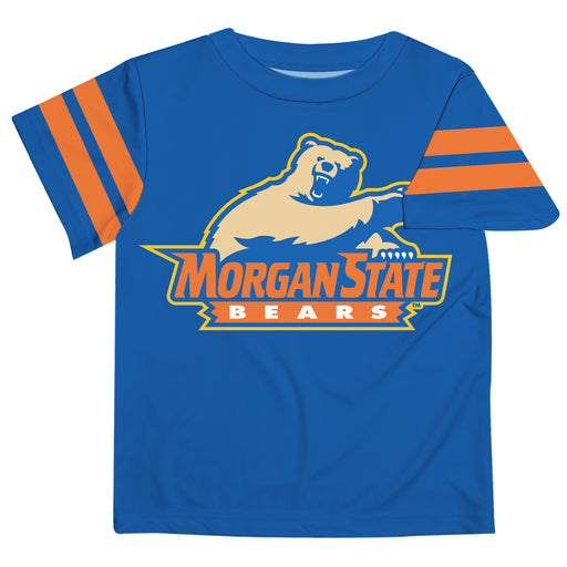 Morgan State Bears Vive La Fete Boys Game Day Blue Short Sleeve Tee with Stripes on Sleeves