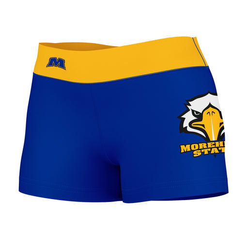 Morehead State Eagles Vive La Fete Logo on Thigh & Waistband Blue Gold Women Yoga Booty Workout Shorts 3.75 Inseam