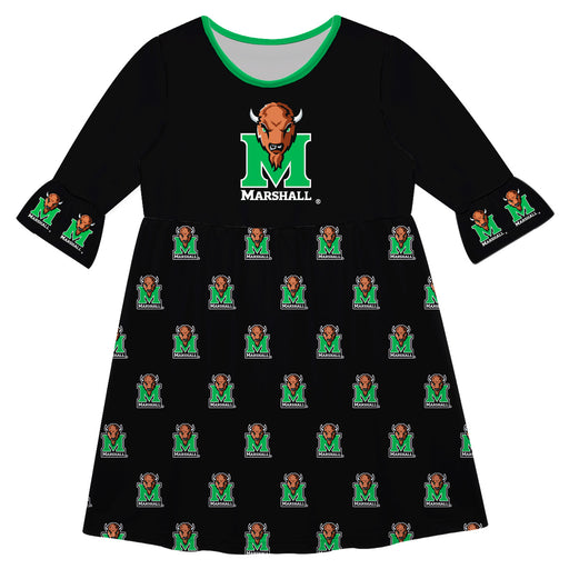 Marshall Thundering Herd MU Vive La Fete Girls Game Day 3/4 Sleeve Solid Black All Over Logo on Skirt