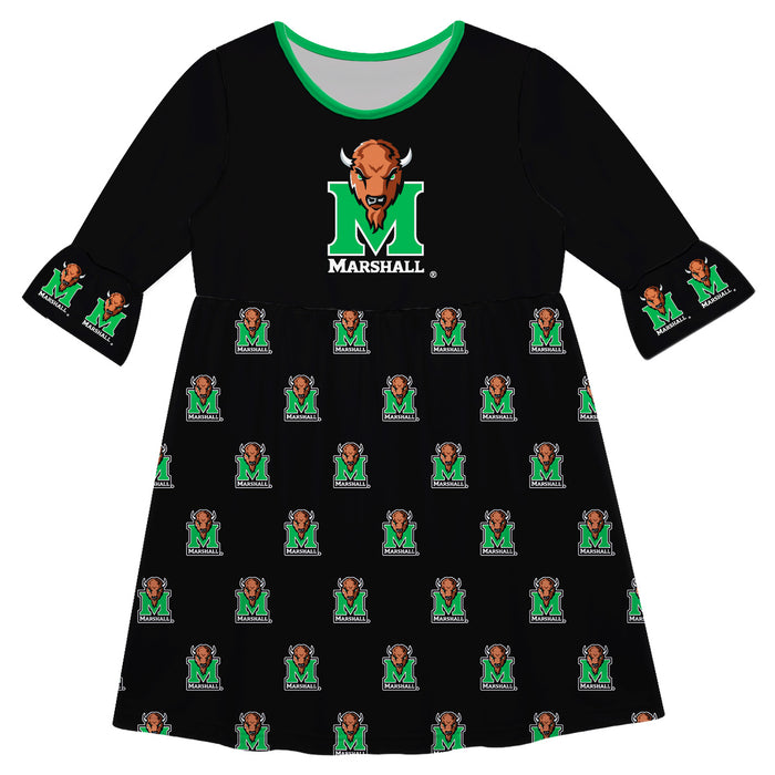 Marshall Thundering Herd MU Vive La Fete Girls Game Day 3/4 Sleeve Solid Black All Over Logo on Skirt