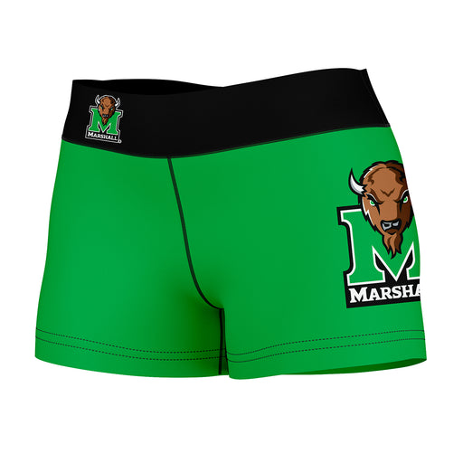 Marshall Thundering Herd Vive La Fete Logo on Thigh & Waistband Green Black Women Yoga Booty Workout Shorts 3.75 Inseam
