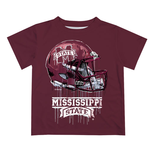 Mississippi State Bulldogs Original Dripping Football Helmet Maroon T-Shirt by Vive La Fete