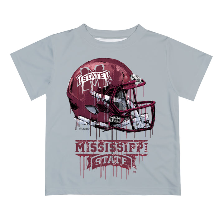 Mississippi State Bulldogs Original Dripping Football Helmet Gray T-Shirt by Vive La Fete