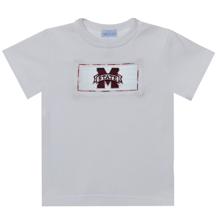 Mississippi State Smocked Embroidered White Knit Tee Shirt Short Sleeve - Vive La Fête - Online Apparel Store