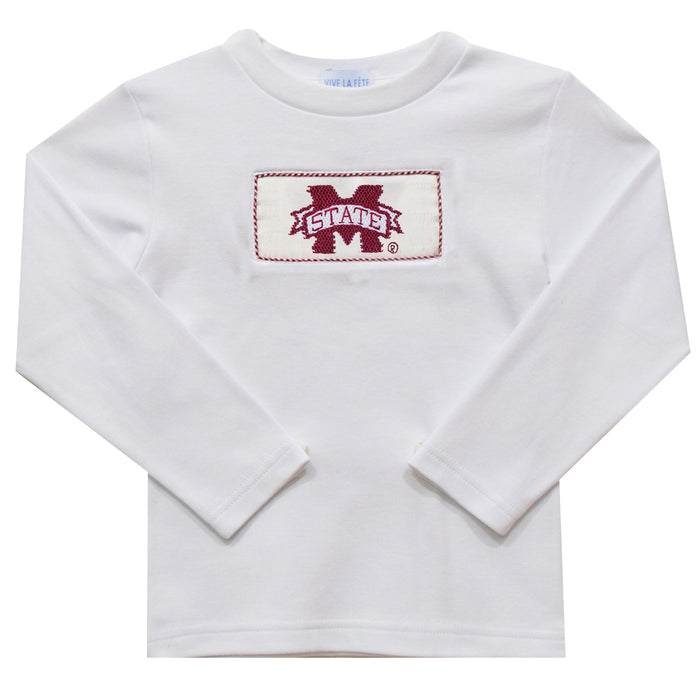 Mississippi State Bulldogs Smocked White Knit Long Sleeve Boys Tee Shirt
