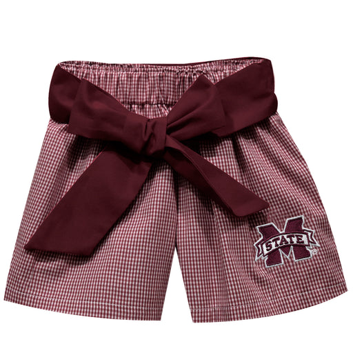 Mississippi State Bulldogs Embroidered Maroon Gingham Girls Short With Sash